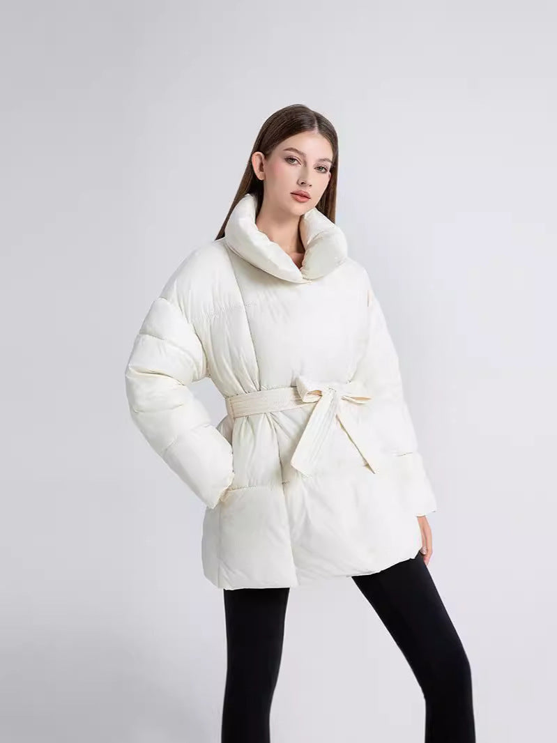 Belted High-Neck Puffer Winter Jacket