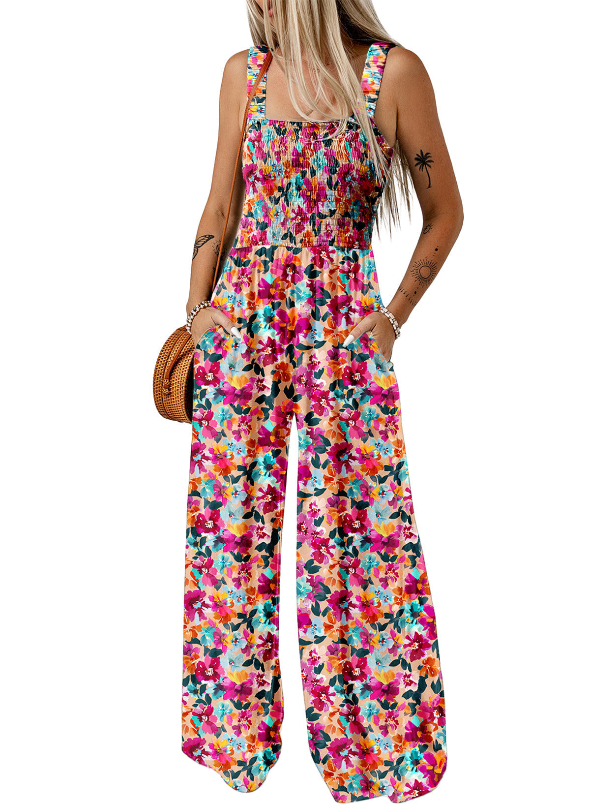 Floral Wide-Leg Sleeveless Smocked Women’s Jumpsuit
