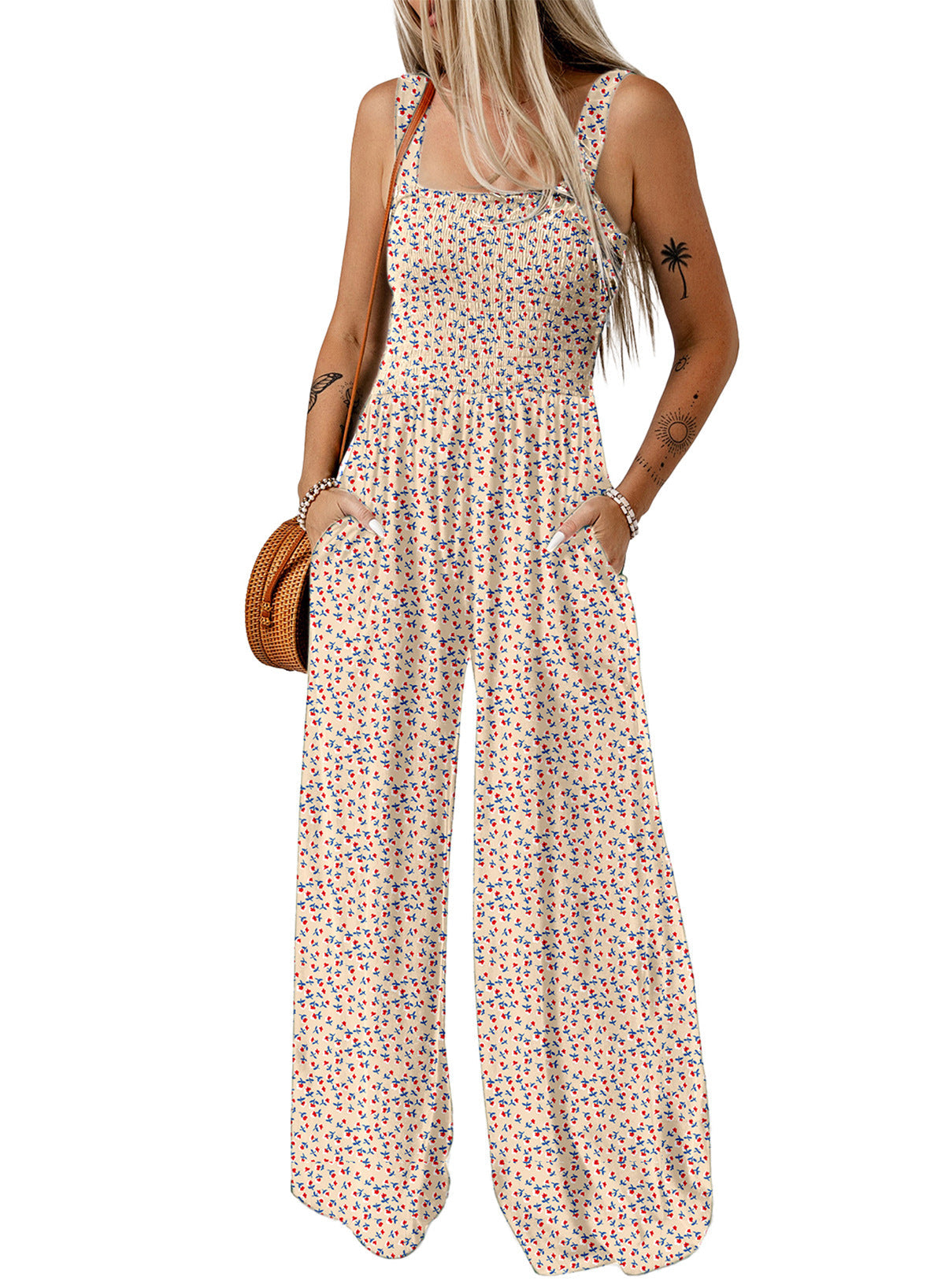 Floral Wide-Leg Sleeveless Smocked Women’s Jumpsuit