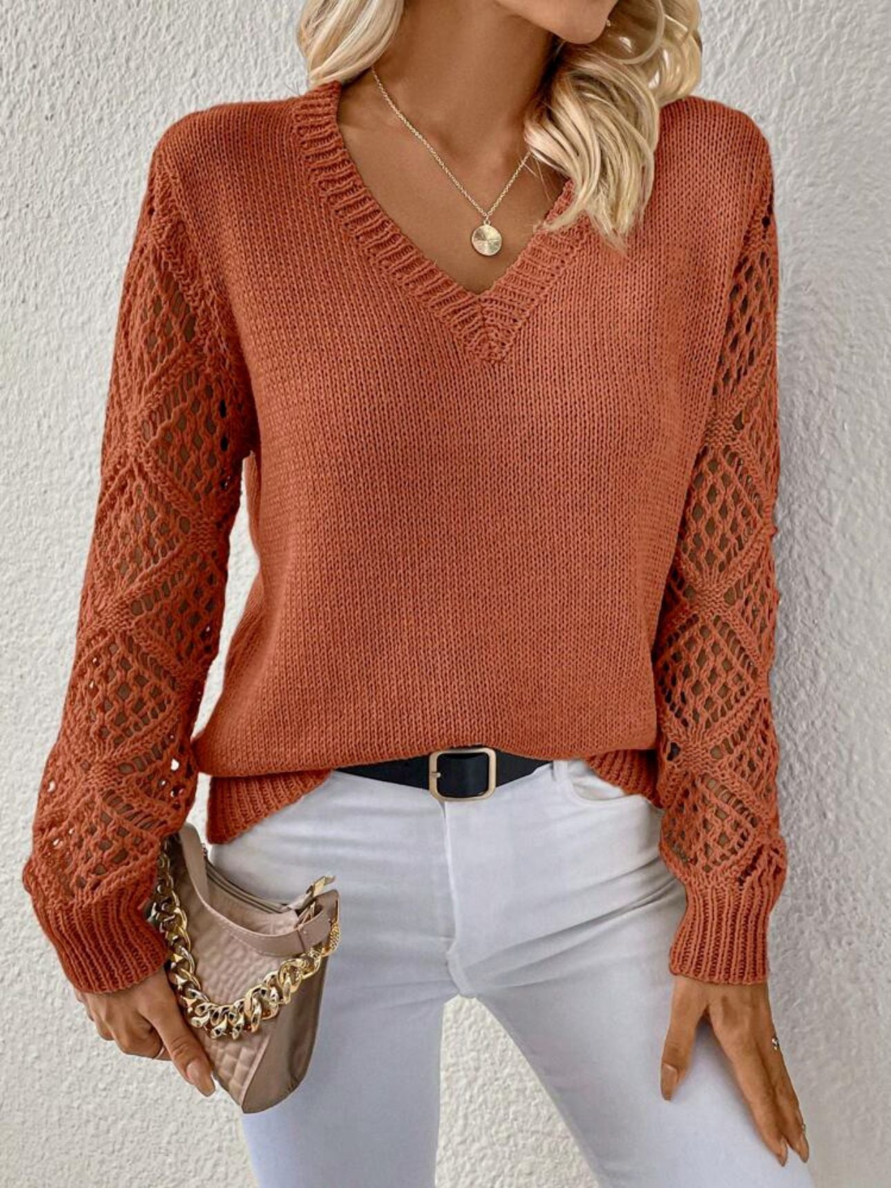 V-Neck Knit Sweater with Openwork Sleeves