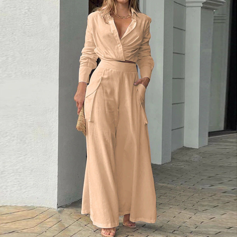 Elegant Draped Wrap Top and Wide-Leg Pants Two-Piece Set