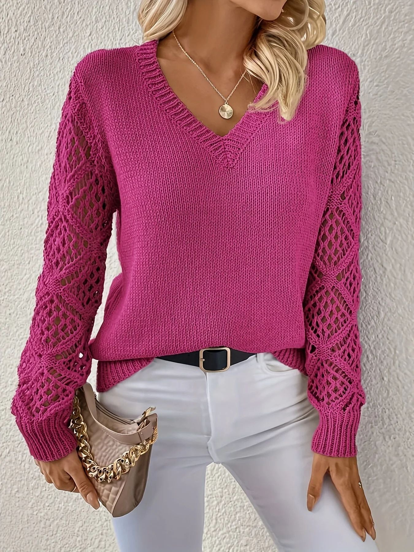 V-Neck Knit Sweater with Openwork Sleeves