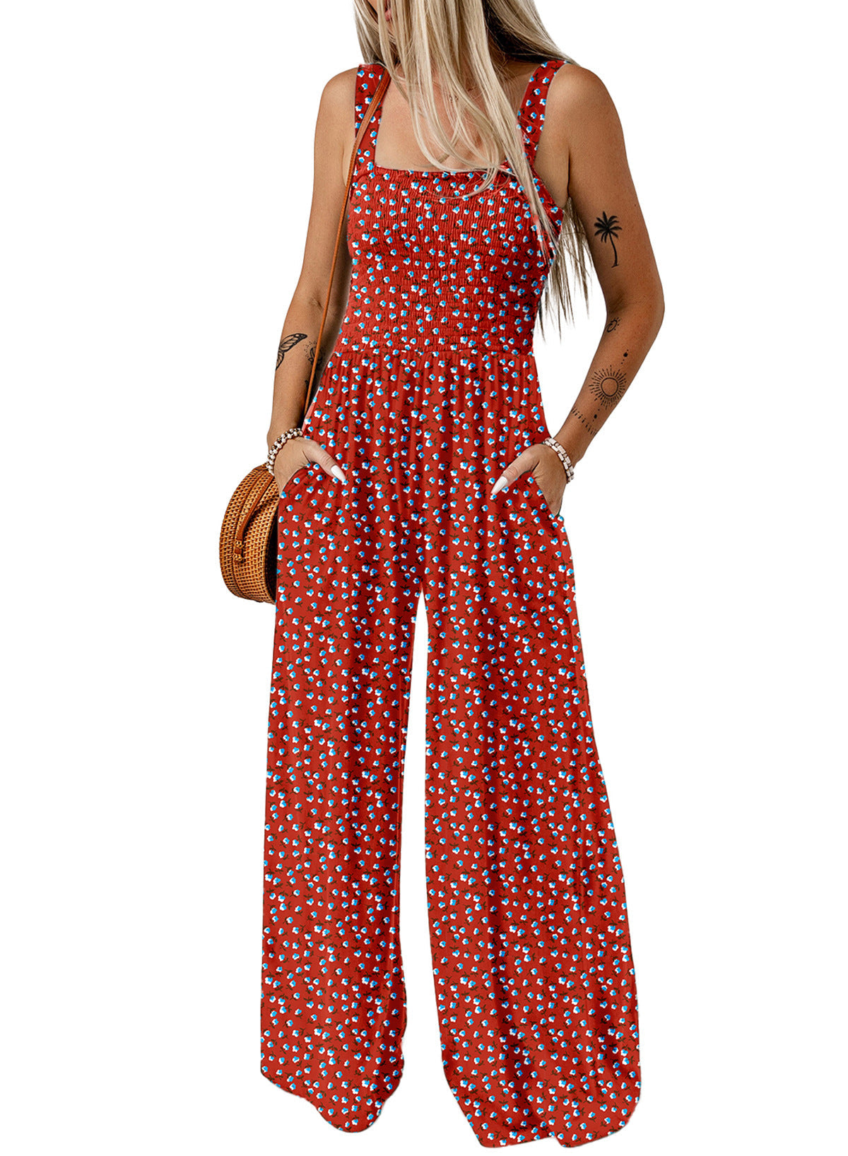 Floral Wide-Leg Sleeveless Smocked Women’s Jumpsuit