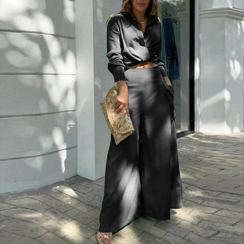 Elegant Draped Wrap Top and Wide-Leg Pants Two-Piece Set