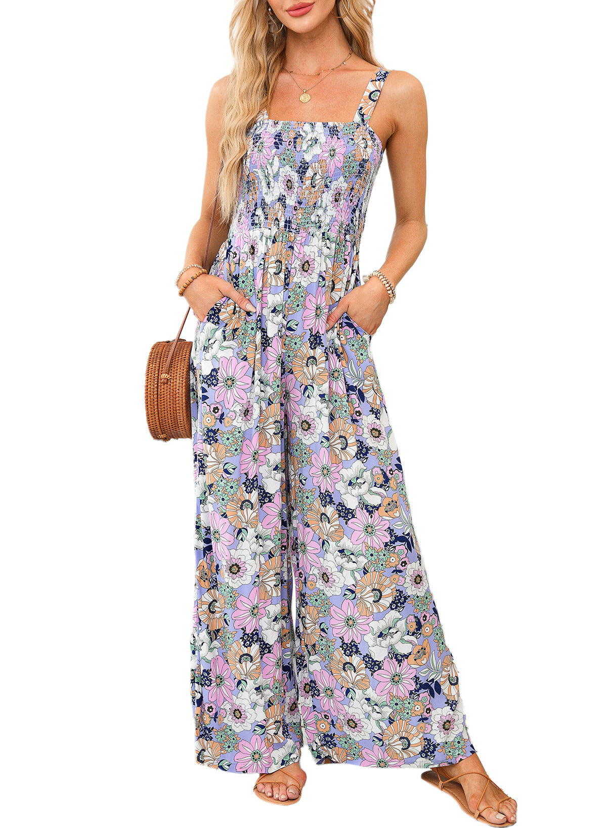 Floral Wide-Leg Sleeveless Smocked Women’s Jumpsuit