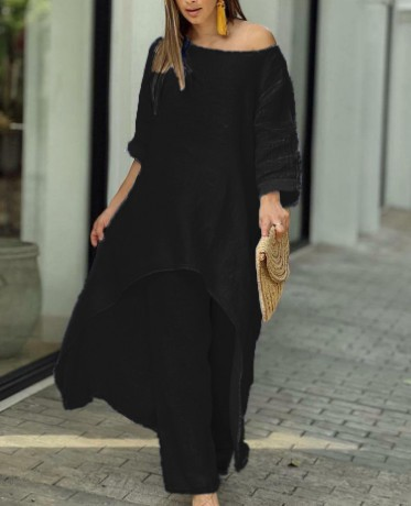 Elegant Asymmetrical Two-Piece Tunic and Wide-Leg Pants Set