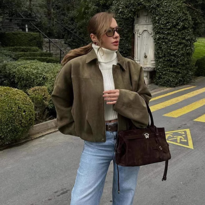 Suede Zip-Up Collared Cropped Jacket