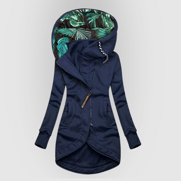 Asymmetrical Zip Hooded Jacket with Printed Lining
