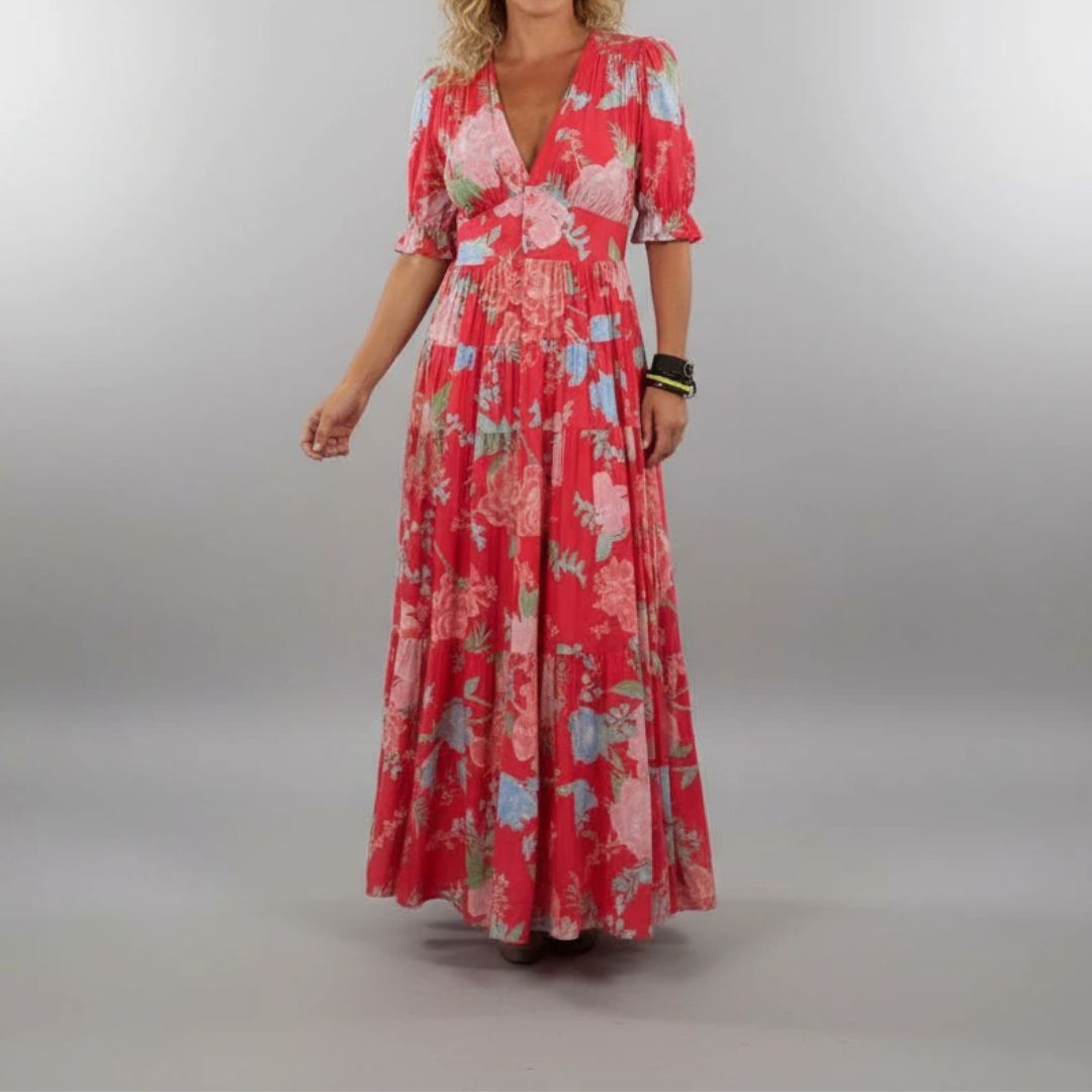Floral V-Neck Short-Sleeve Boho Maxi Dress for Women
