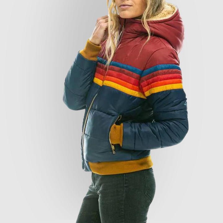 Colorblock Retro Stripe Hooded Puffer Jacket