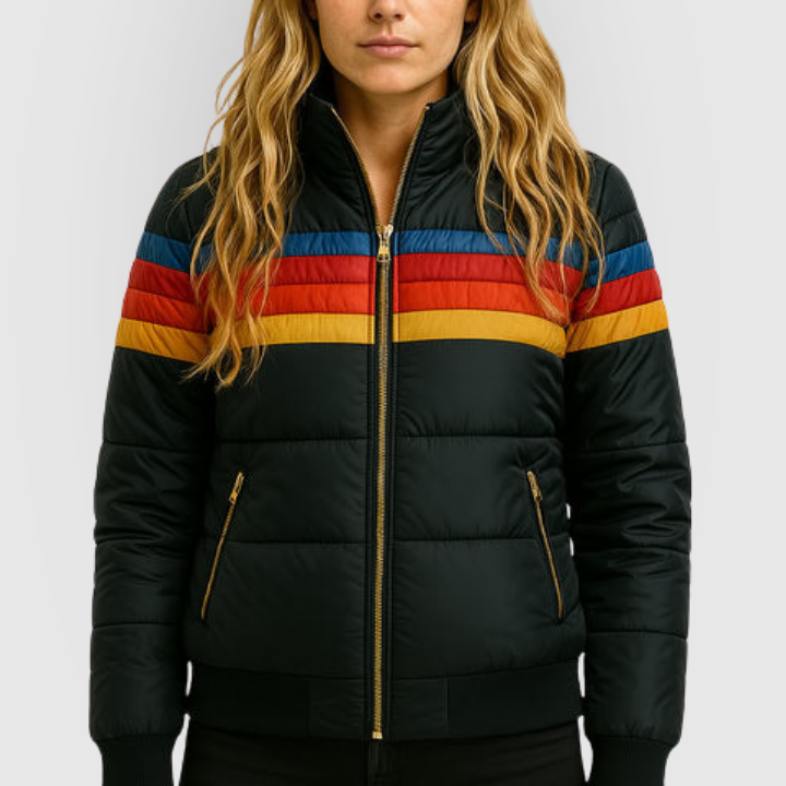 Colorblock Retro Stripe Hooded Puffer Jacket