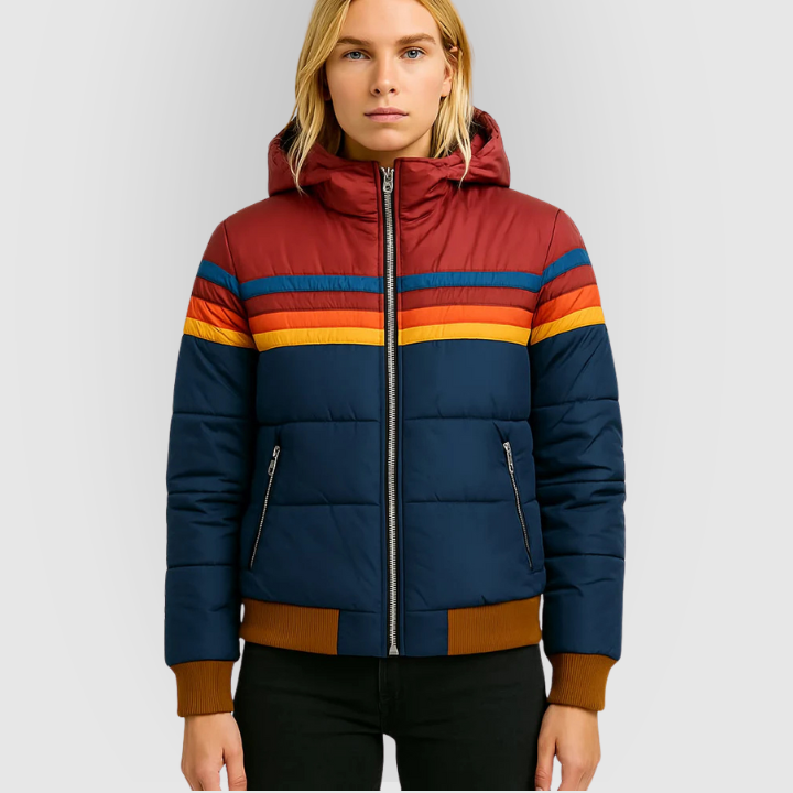Colorblock Retro Stripe Hooded Puffer Jacket