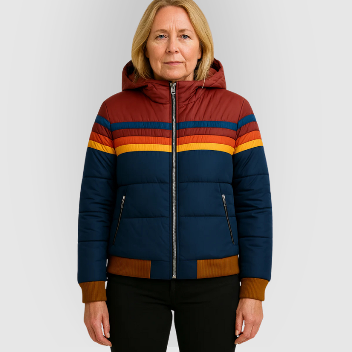 Colorblock Retro Stripe Hooded Puffer Jacket