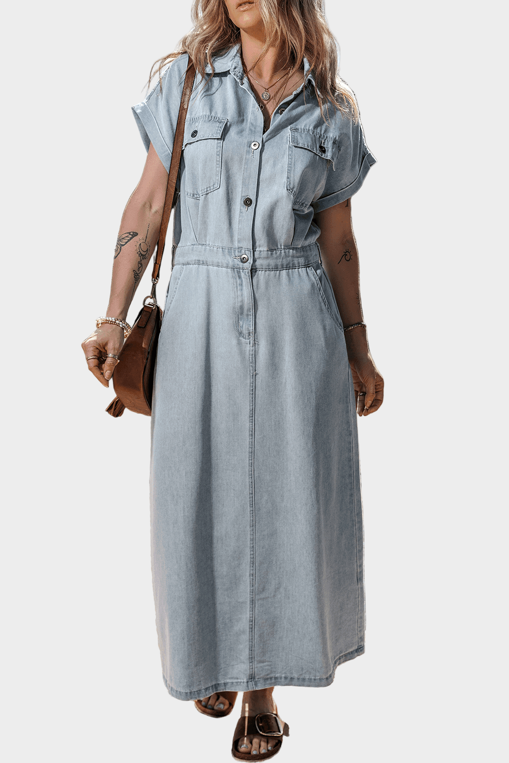 Button Front Denim Midi Dress with Elastic Waist and Chest Pockets