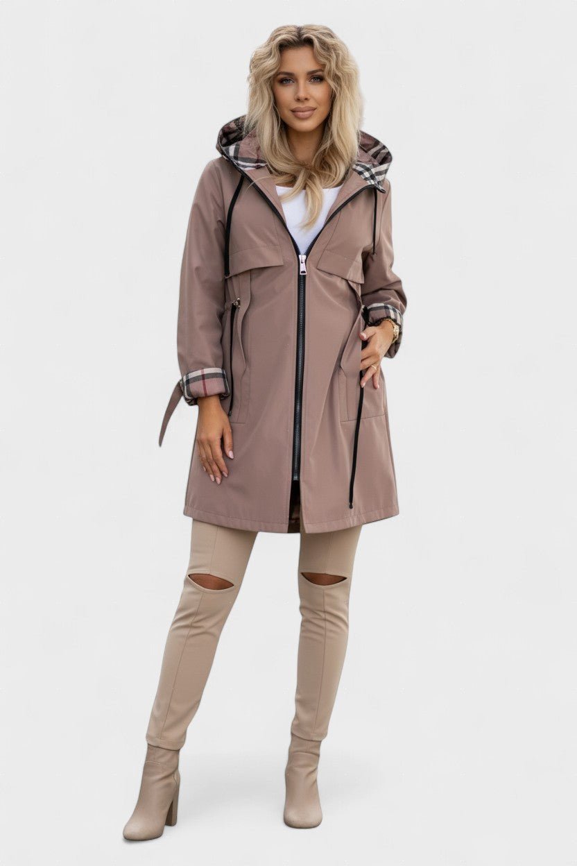 Tailored Zip Front Coat with Hood and Adjustable Waist