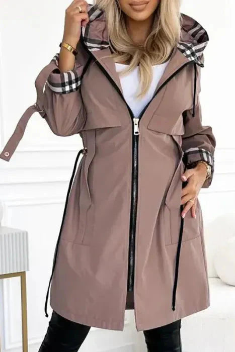 Tailored Zip Front Coat with Hood and Adjustable Waist
