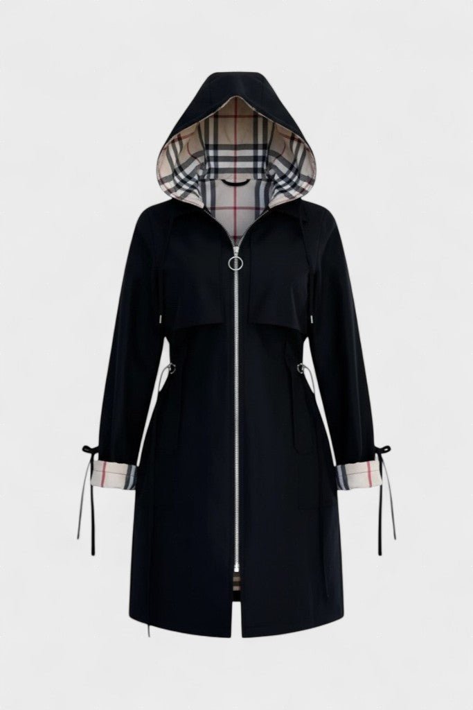 Tailored Zip Front Coat with Hood and Adjustable Waist