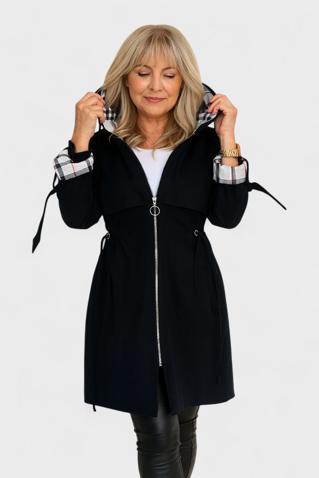 Tailored Zip Front Coat with Hood and Adjustable Waist