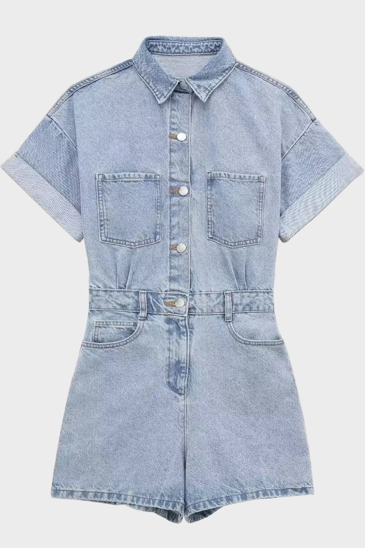 Button Front Denim Romper with Short Sleeves and Elastic Waist