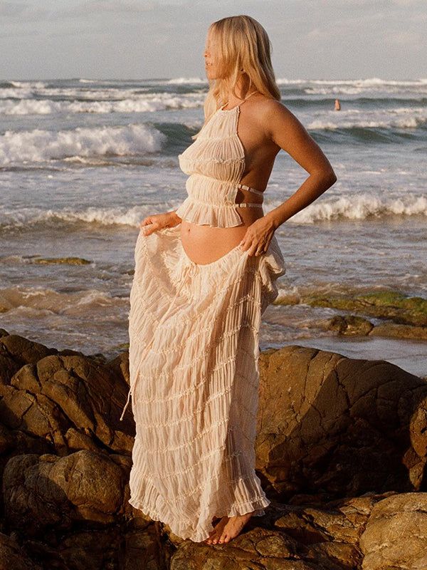 Sheer Fringe Crochet Halter Top and Maxi Skirt Set