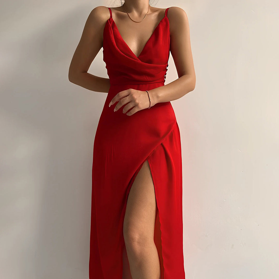Elegant Cowl Neck Satin Maxi Dress with High Slit