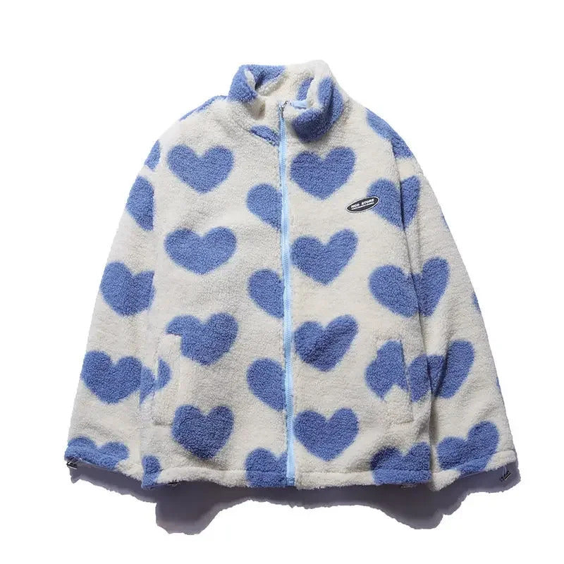 Heart Print Fleece Zip-Up Cozy Jacket