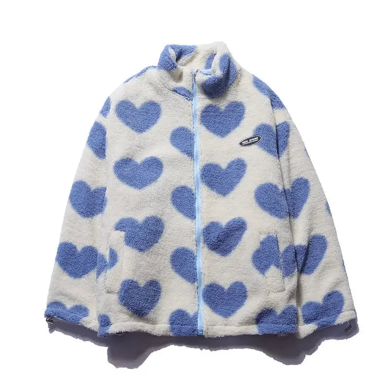 Heart Print Zip-Up Fleece Jacket