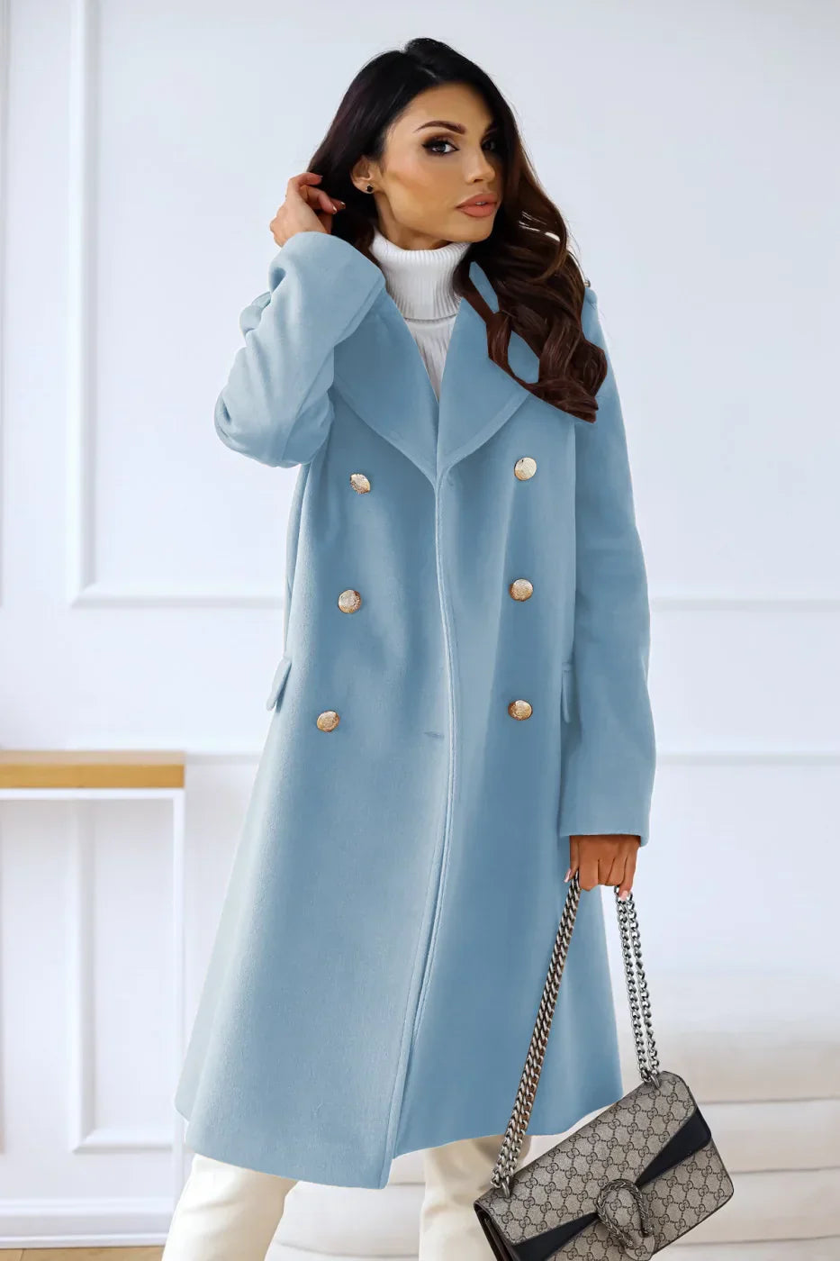 Women’s Elegant Double-Breasted Wool Blend Long Coat
