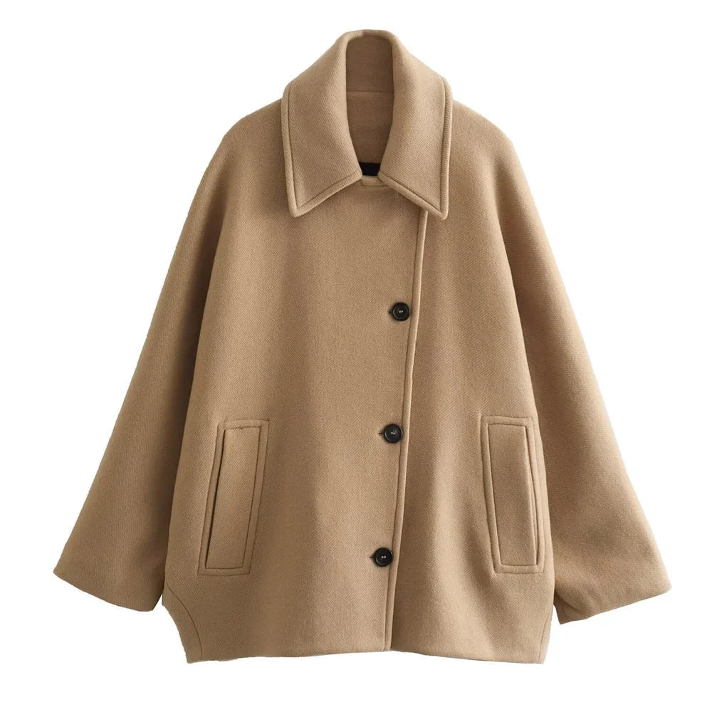 Women’s Oversized Wool Blend Short Coat with Button Front