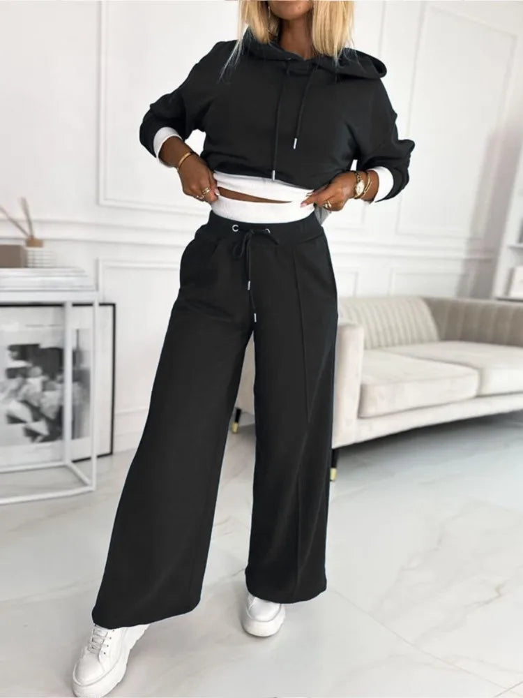 Cozy Two-Piece Lounge Set with Hoodie and Wide-Leg Pants