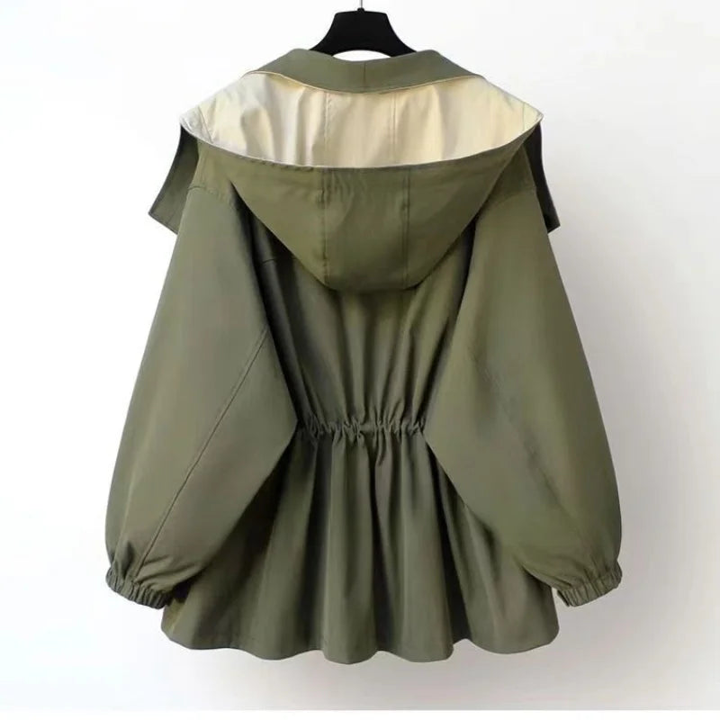 Two-Tone Hooded Cinch Waist Utility Jacket