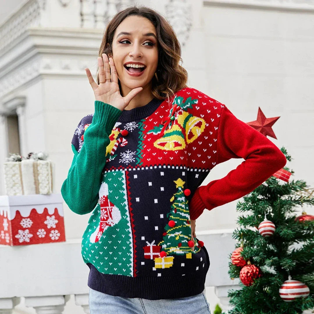 Festive Patchwork Knit Sweater for Cozy Holiday Style