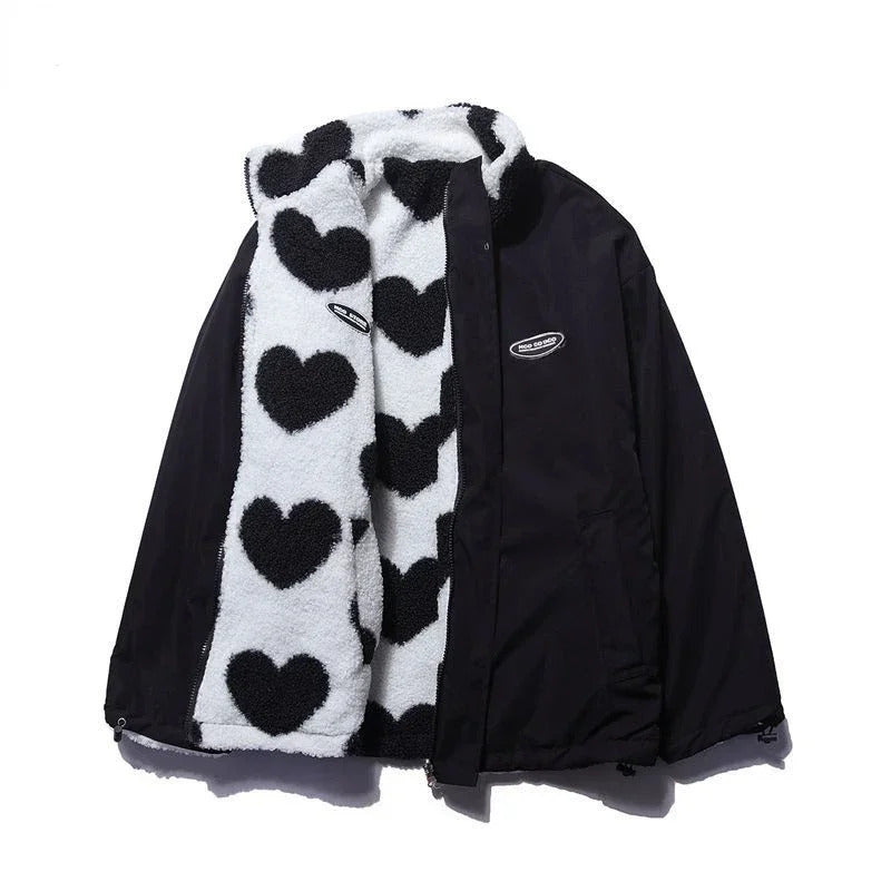 Heart Print Fleece Zip-Up Cozy Jacket