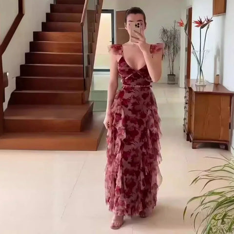 Floral Ruffled Sleeveless Evening Maxi Dress for Women
