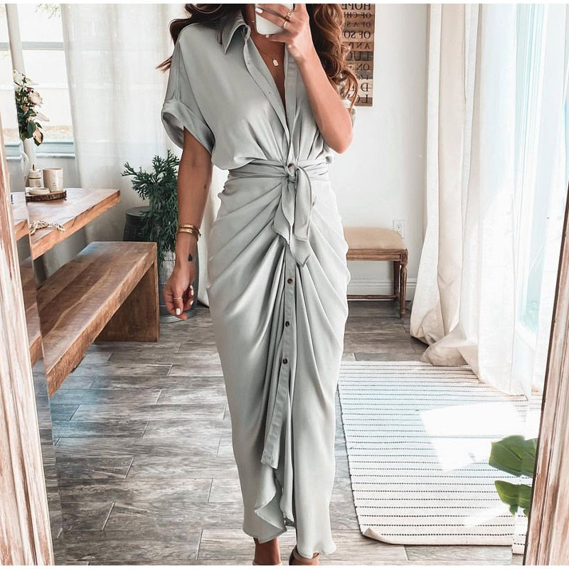 Elegant Draped Satin Maxi Dress with Waist Tie