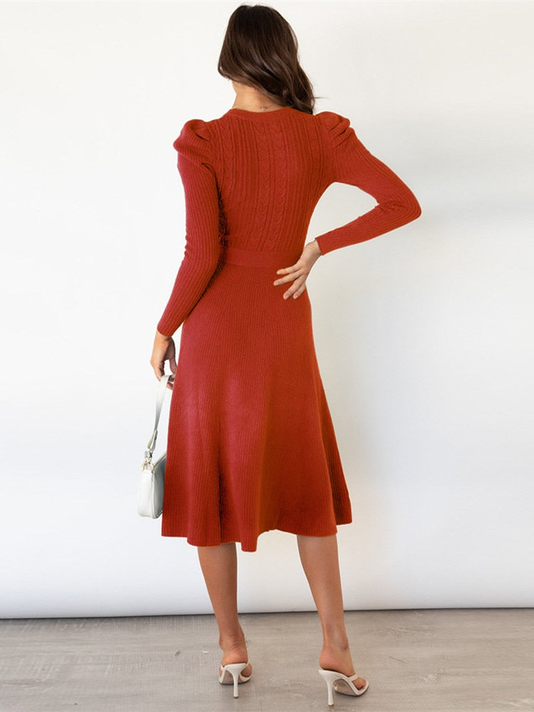 Long Sleeve Belted A Line Midi Dress for Timeless Elegance