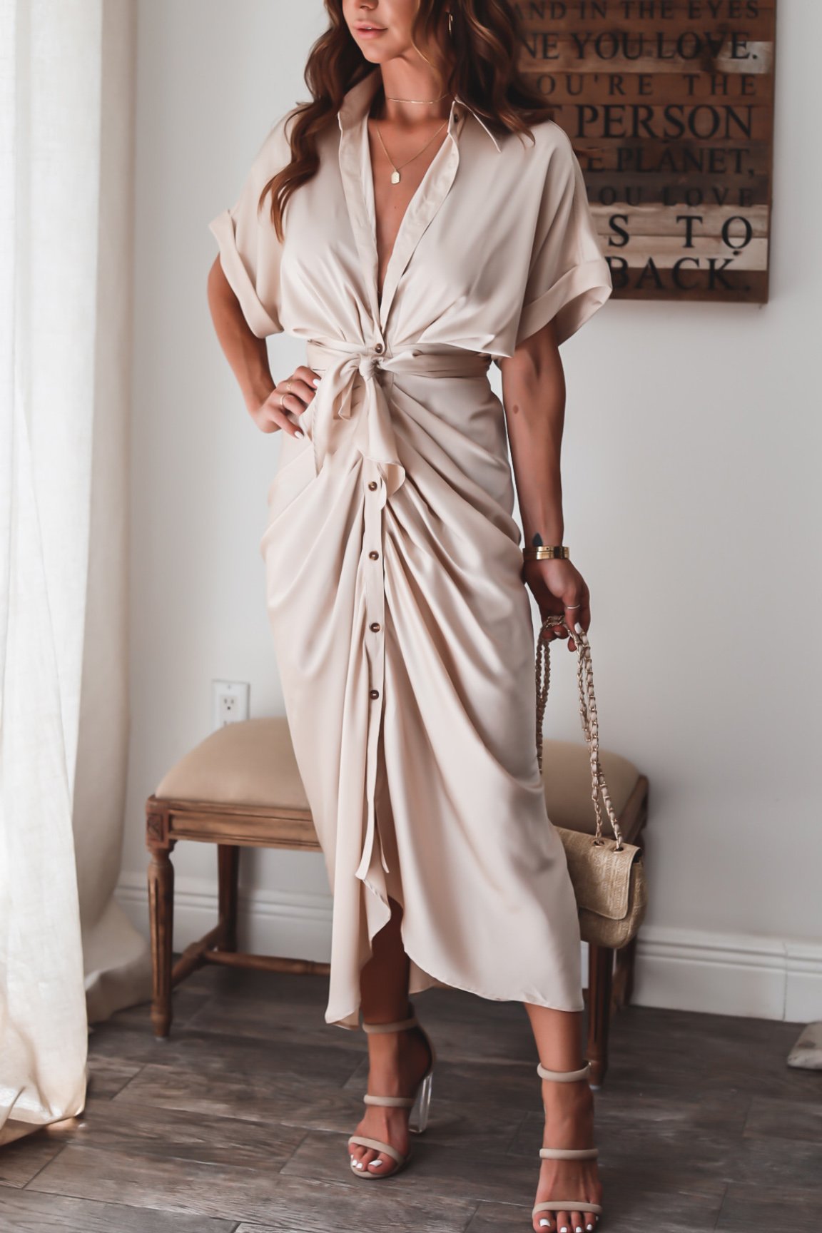 Elegant Draped Satin Maxi Dress with Waist Tie