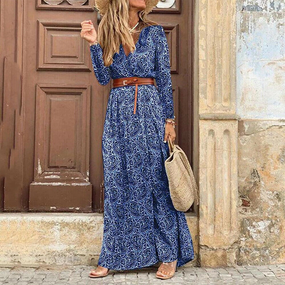 Boho Floral Maxi Dress with Belt for Effortless Summer Style