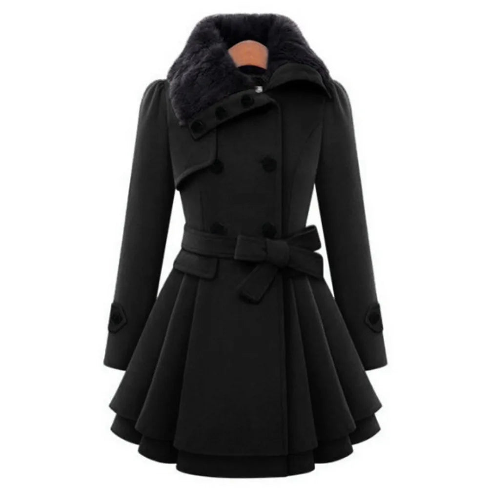 Women’s Elegant Double-Breasted Flared Coat with Faux Fur Collar