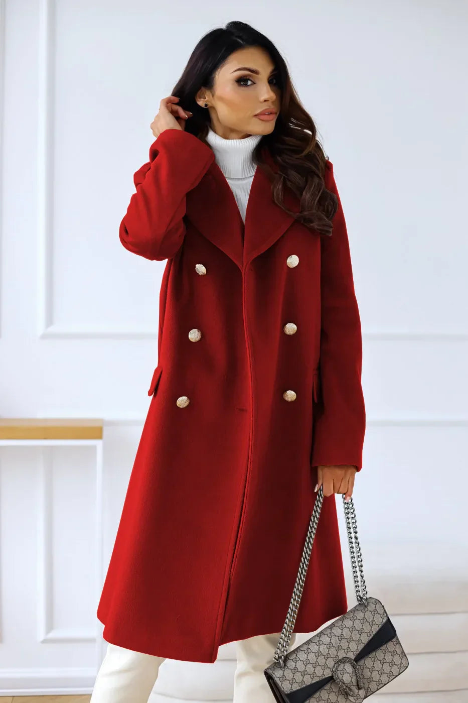 Women’s Elegant Double-Breasted Wool Blend Long Coat