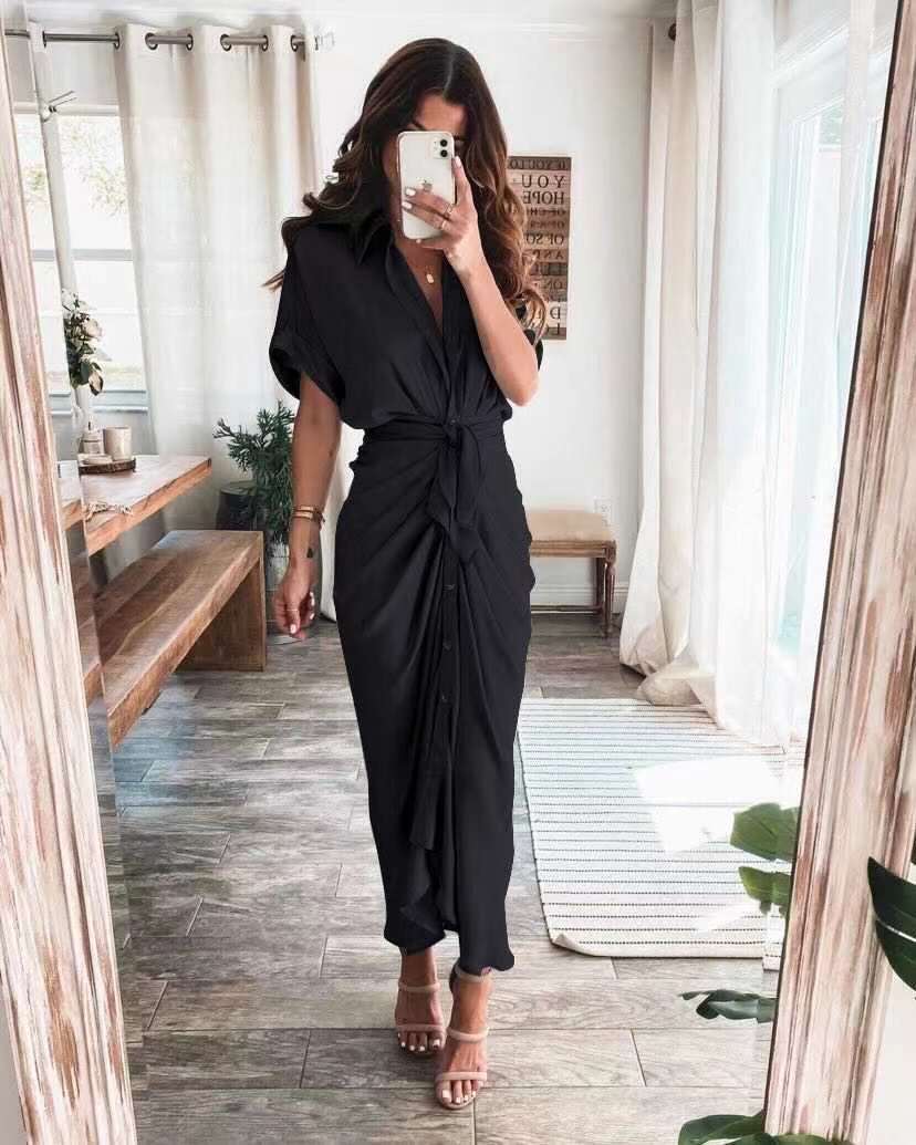 Elegant Draped Satin Maxi Dress with Waist Tie