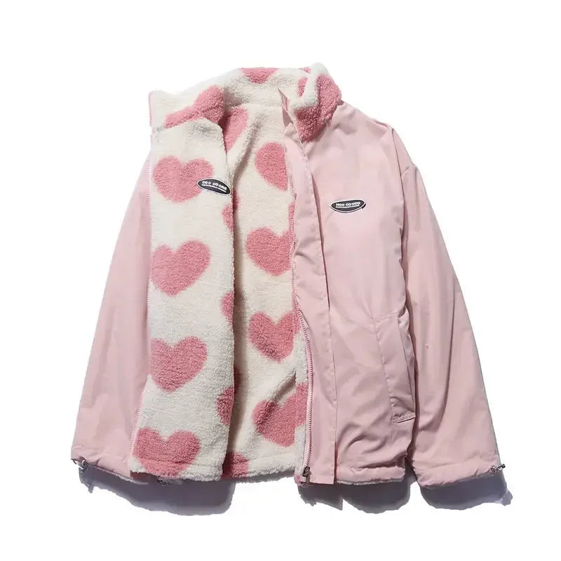 Heart Print Zip-Up Fleece Jacket