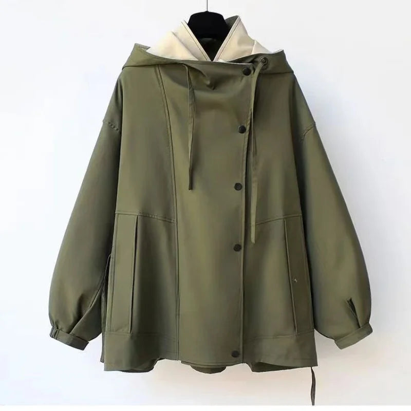 Two-Tone Hooded Cinch Waist Utility Jacket