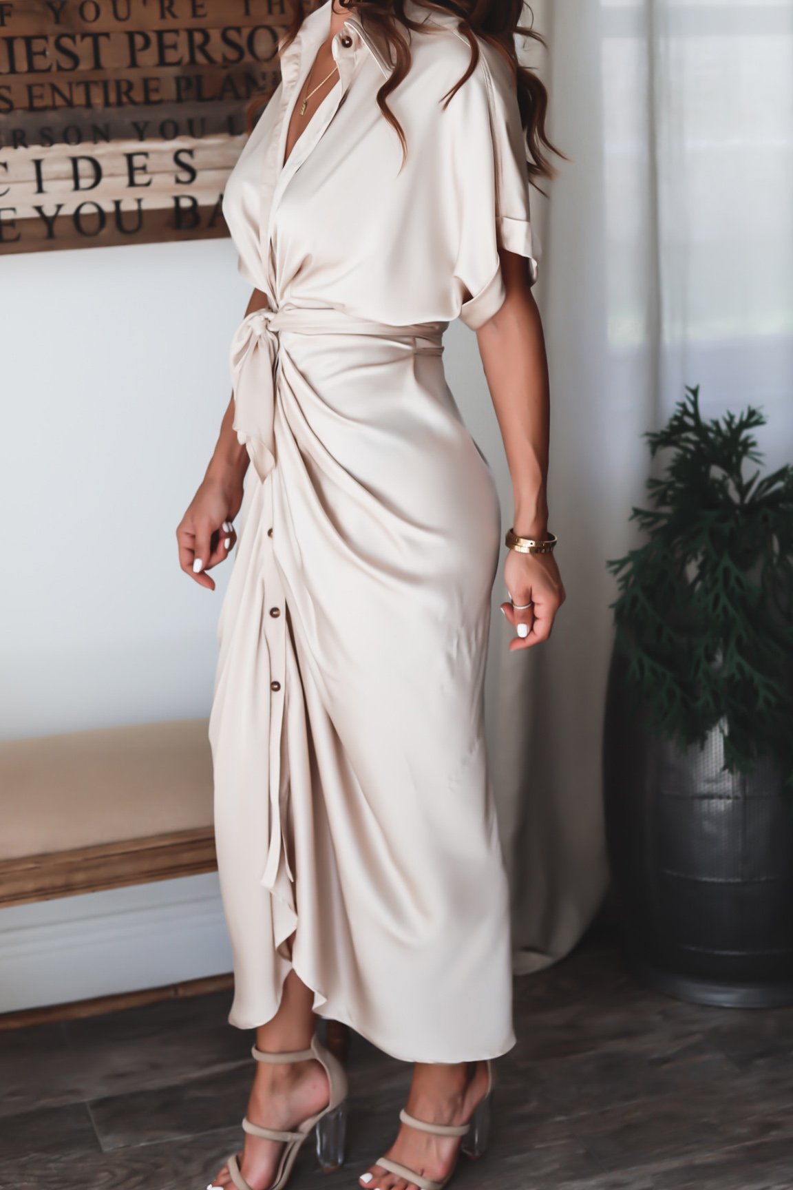 Elegant Draped Satin Maxi Dress with Waist Tie