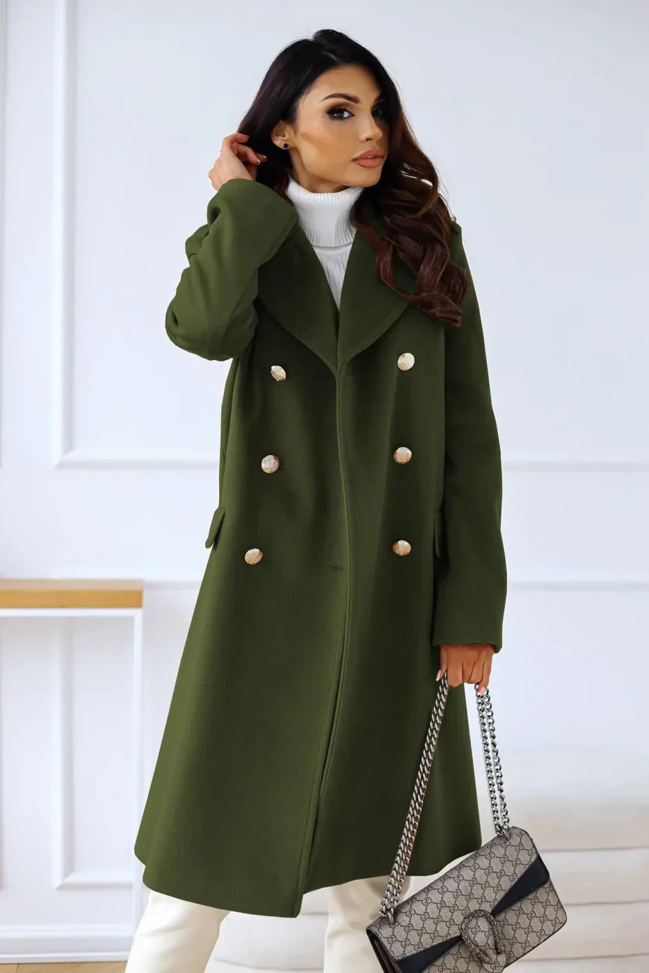 Women’s Elegant Double-Breasted Wool Blend Long Coat