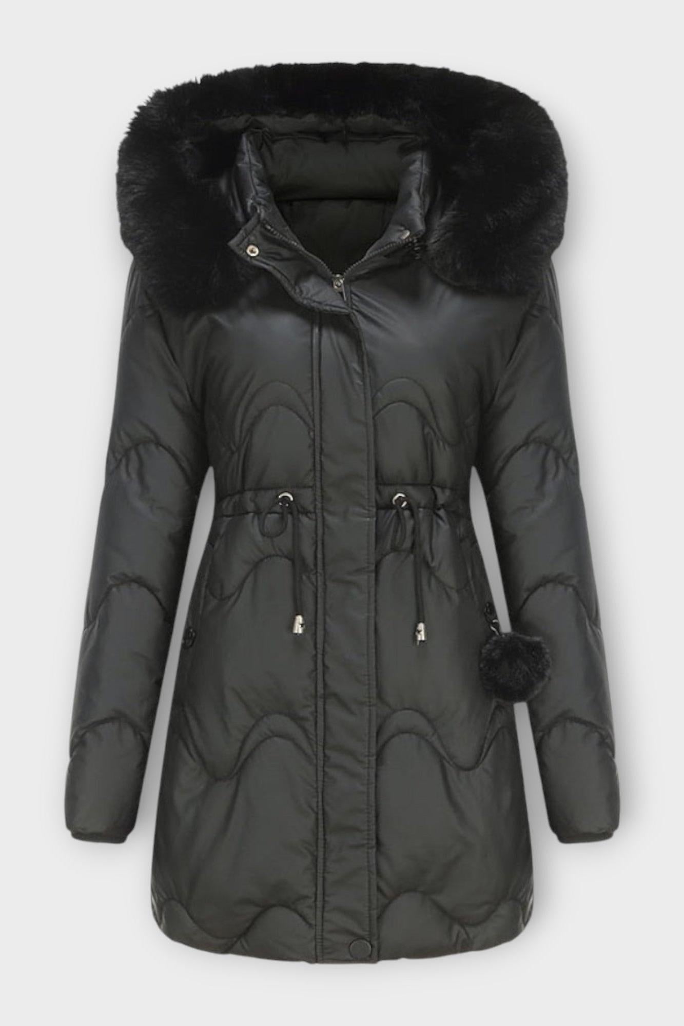 Longline Puffer Coat with Faux Fur Hood and Drawstring Waist