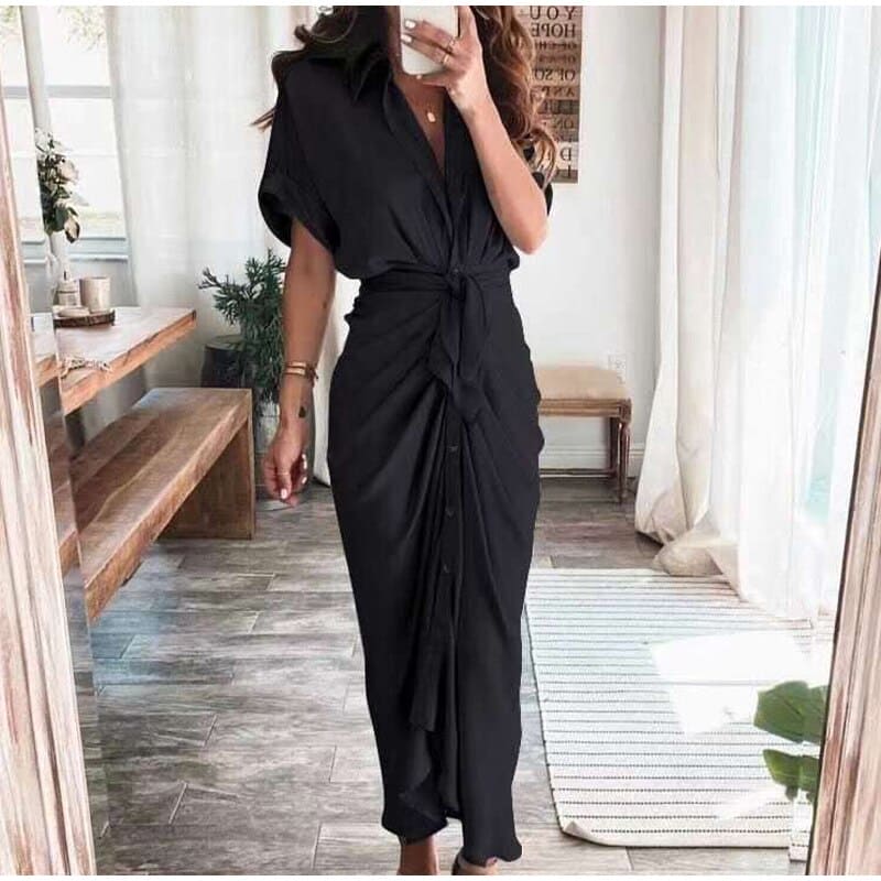 Elegant Draped Satin Maxi Dress with Waist Tie
