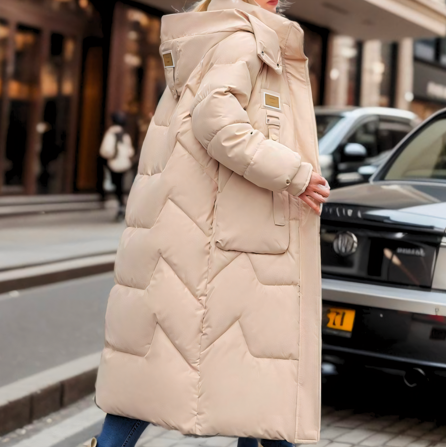 Women’s Long Hooded Puffer Coat with Oversized Pockets