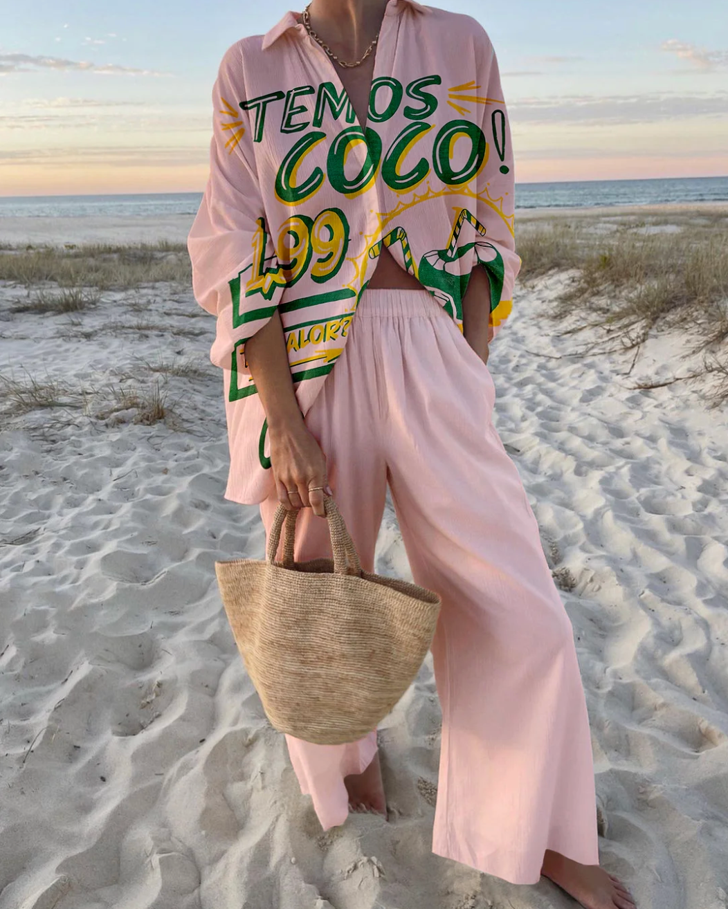 Tropical Printed Loose Beach Shirt and Wide-Leg Pants Set