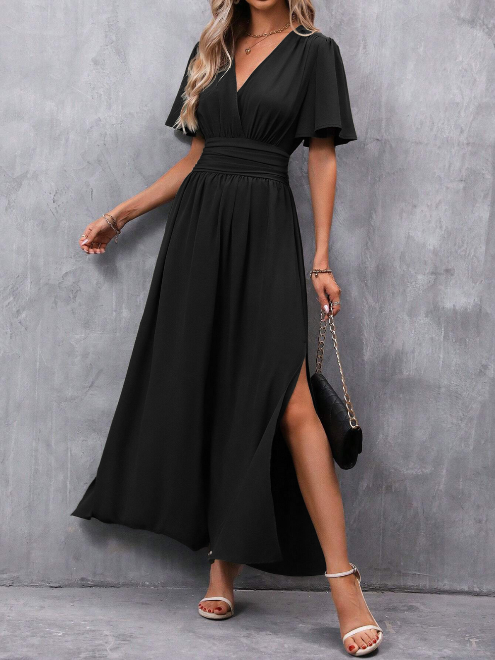 Elegant V-Neck Short Sleeve Slit Maxi Dress